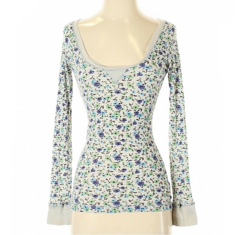 Free People Floral Print Boho Thermal Shirt Top